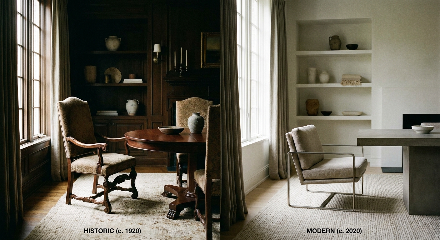 How formal dining chair proportions changed between historic and modern rooms