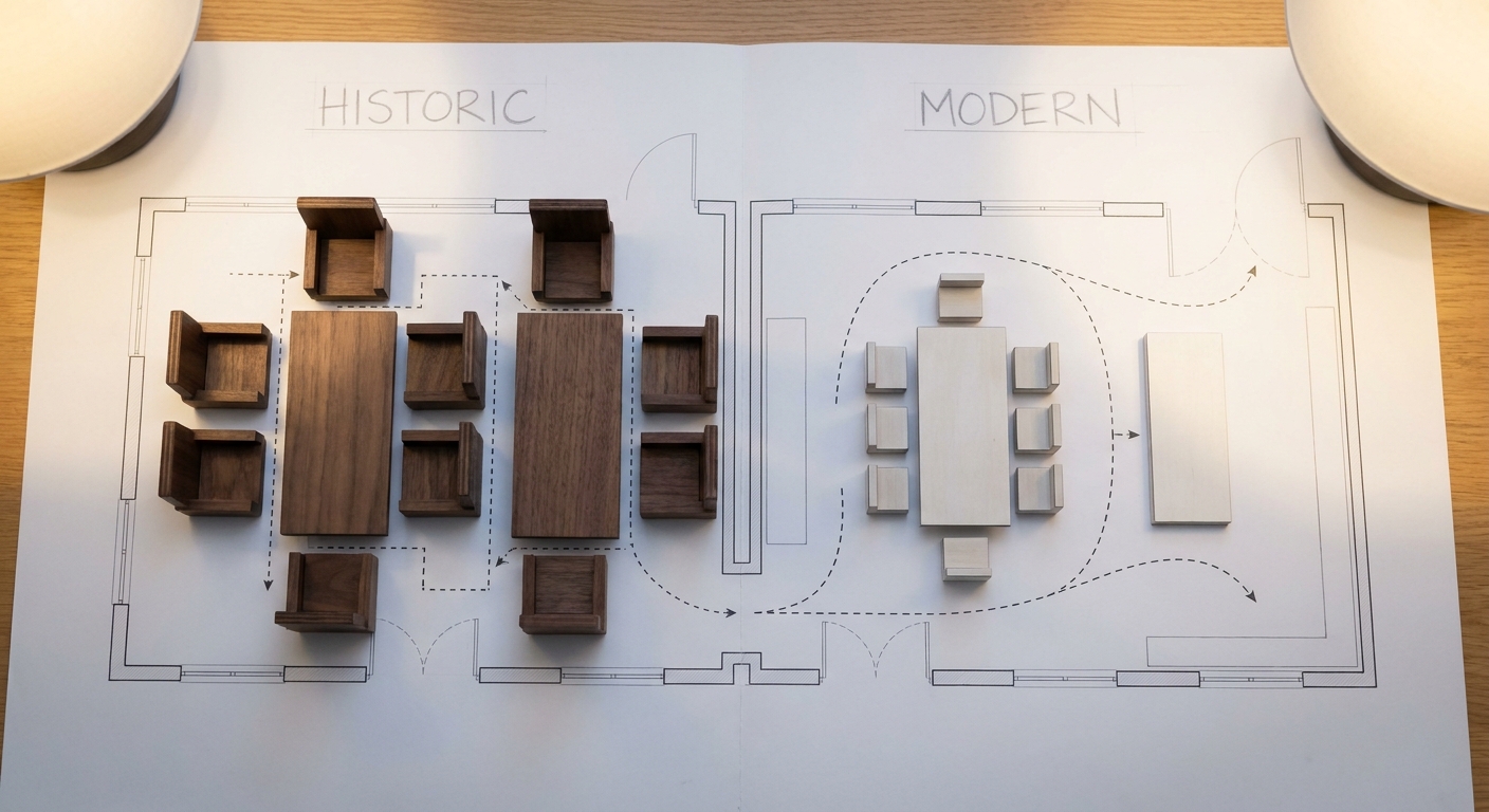 How formal dining chair proportions changed between historic and modern rooms