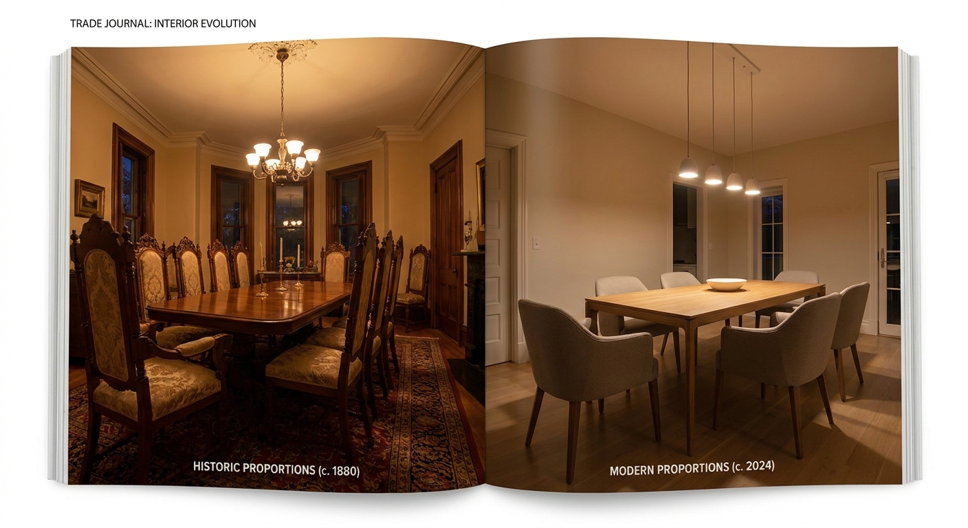 How formal dining chair proportions changed between historic and modern rooms