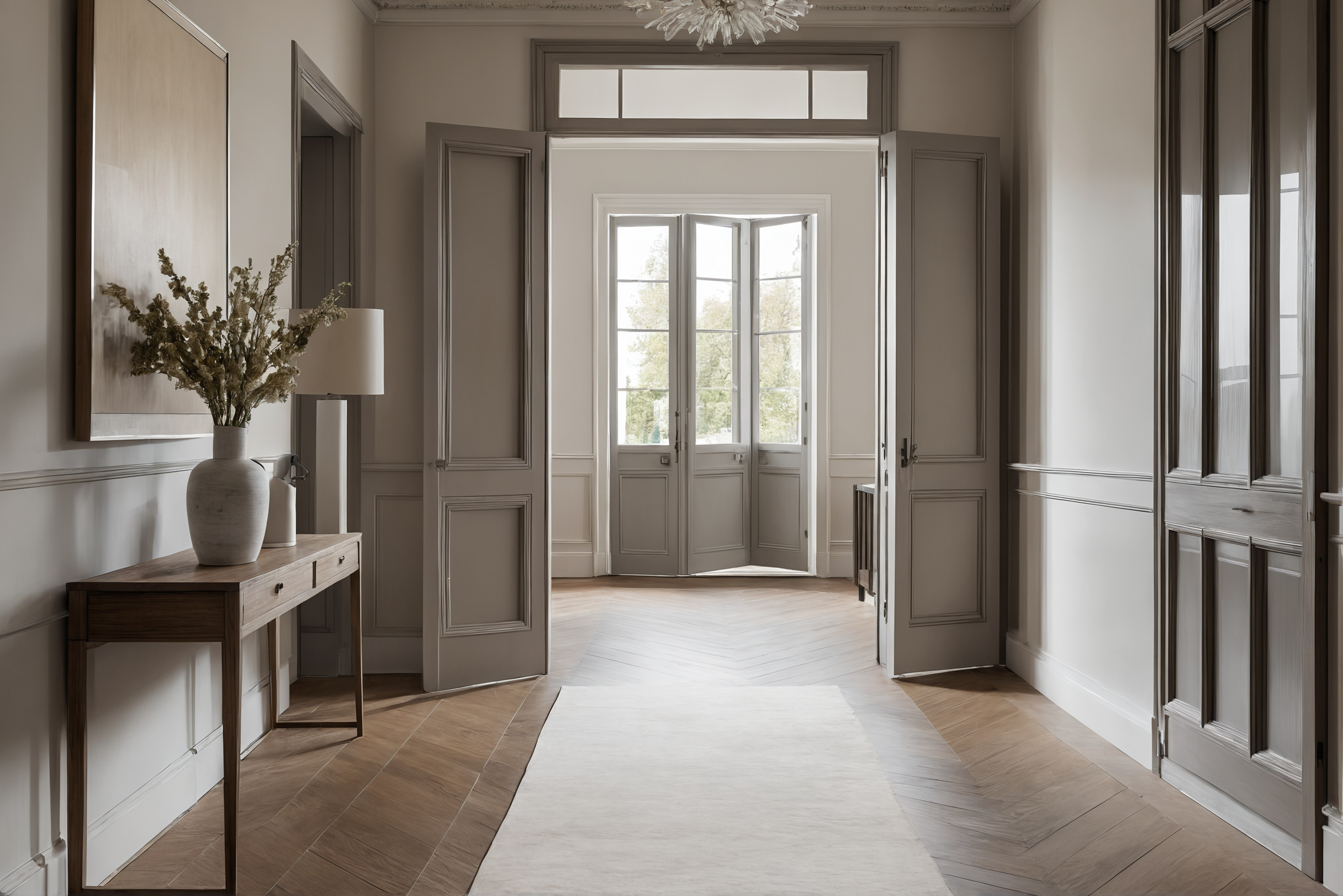 Corridor terminating in a console table with a large framed painting