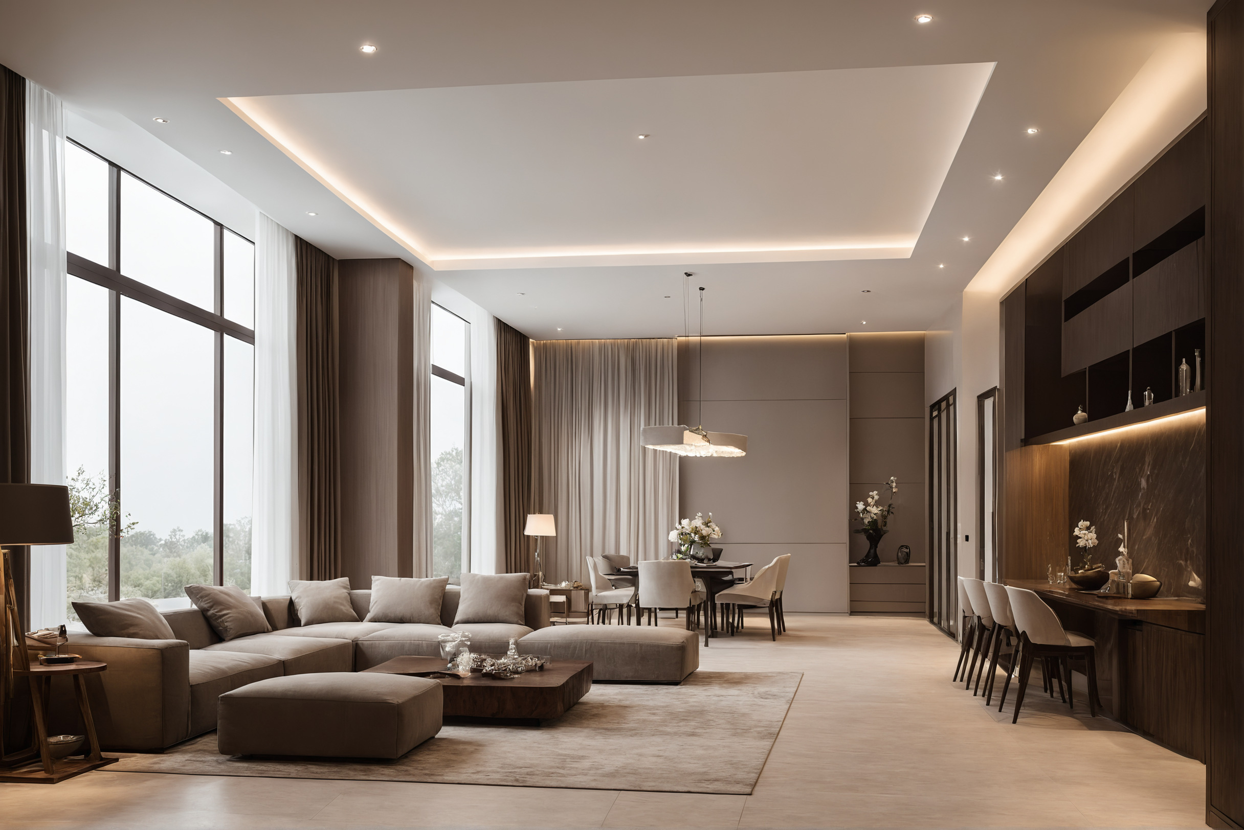 Double-height living room beside a lower dining alcove under a dropped ceiling