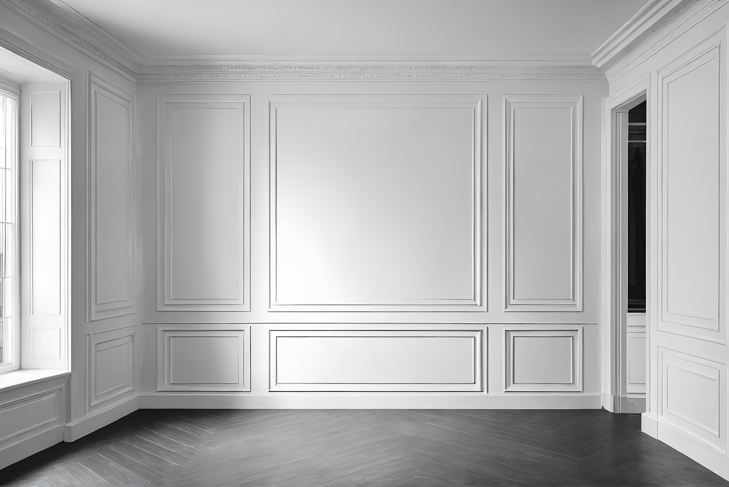 Panelled room where moulding lines, door and window openings share horizontal datums