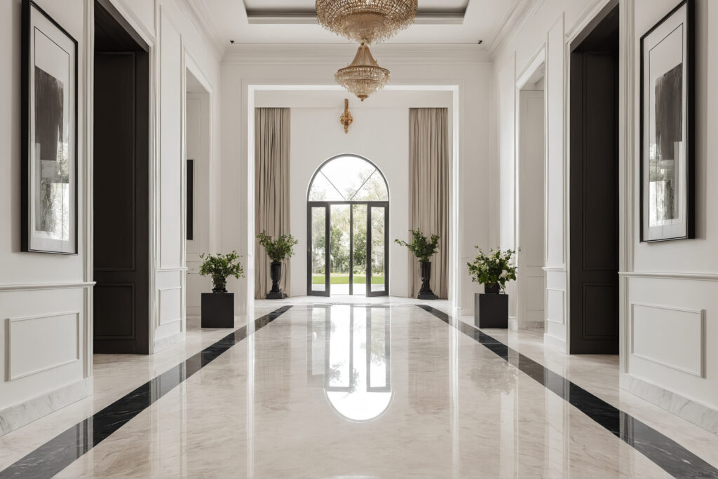 Villa entrance hall with a sight line down the axis to an arched garden door, artworks flanking the route