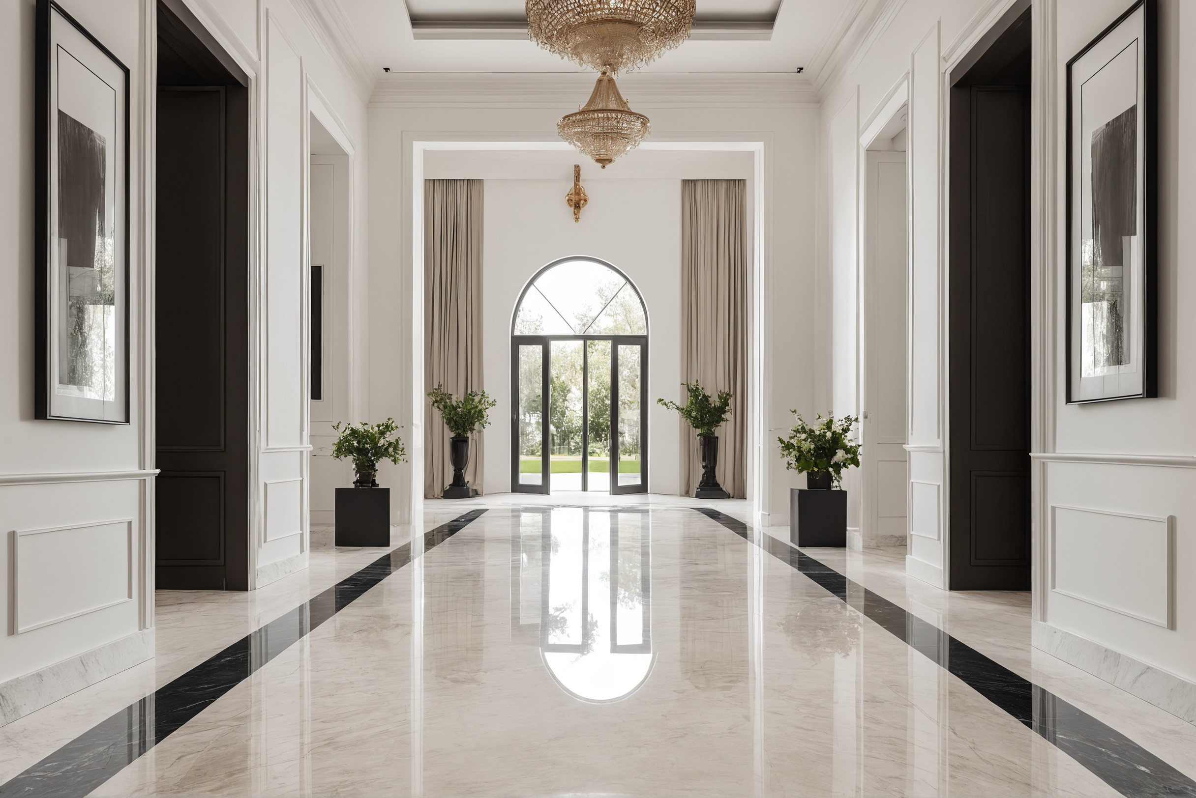 Villa entrance hall with a sight line down the axis to an arched garden door, artworks flanking the route