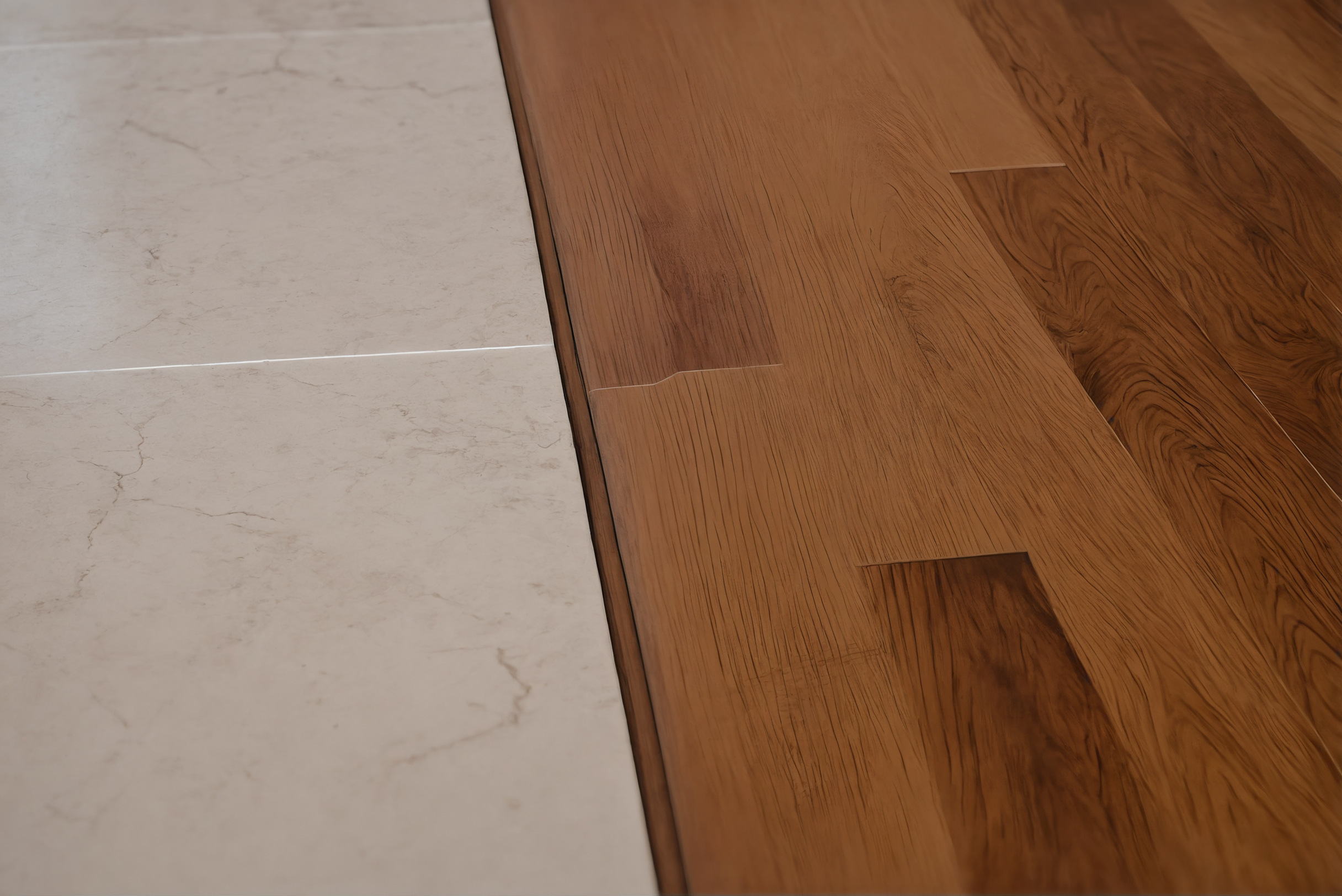 Floor junction where marble tiles meet timber boards on one straight line